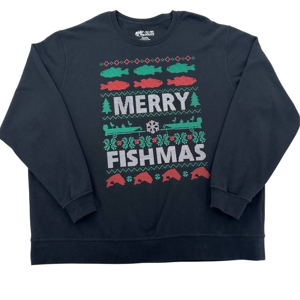 Bass Pro Shops Mens 2XL Merry Fishmas Ugly Christmas Sweater Black  Fishing Cozy